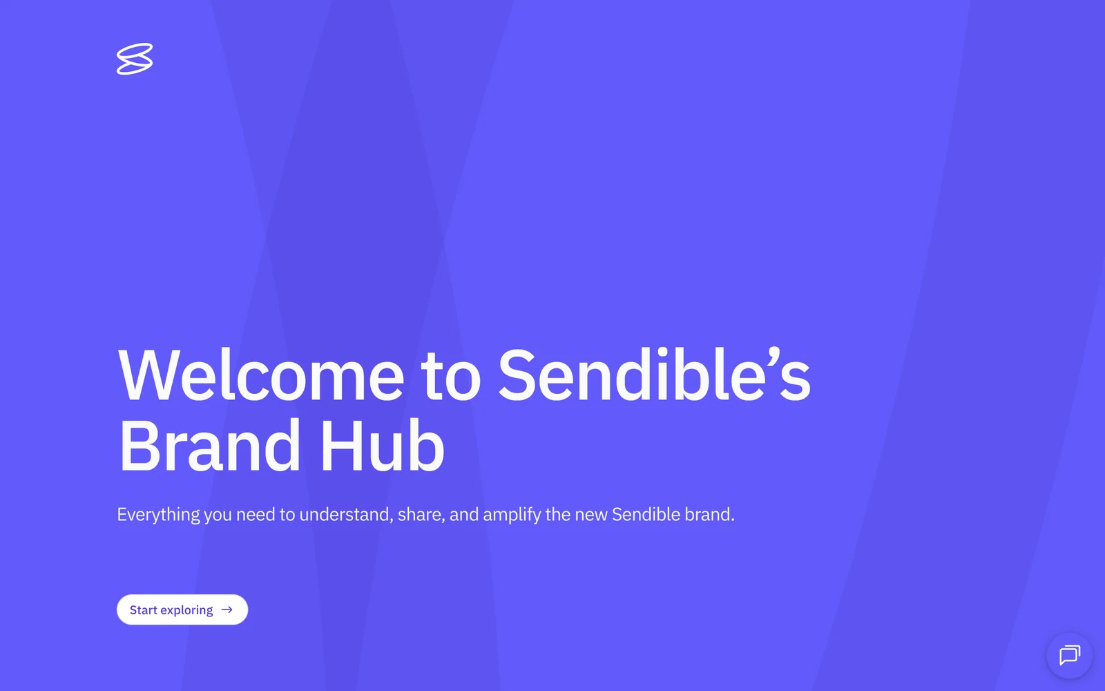 The live Sendible Brand Hub: the loops mark on a purple field over the heading 'Welcome to Sendible's Brand Hub' and a Start exploring button.