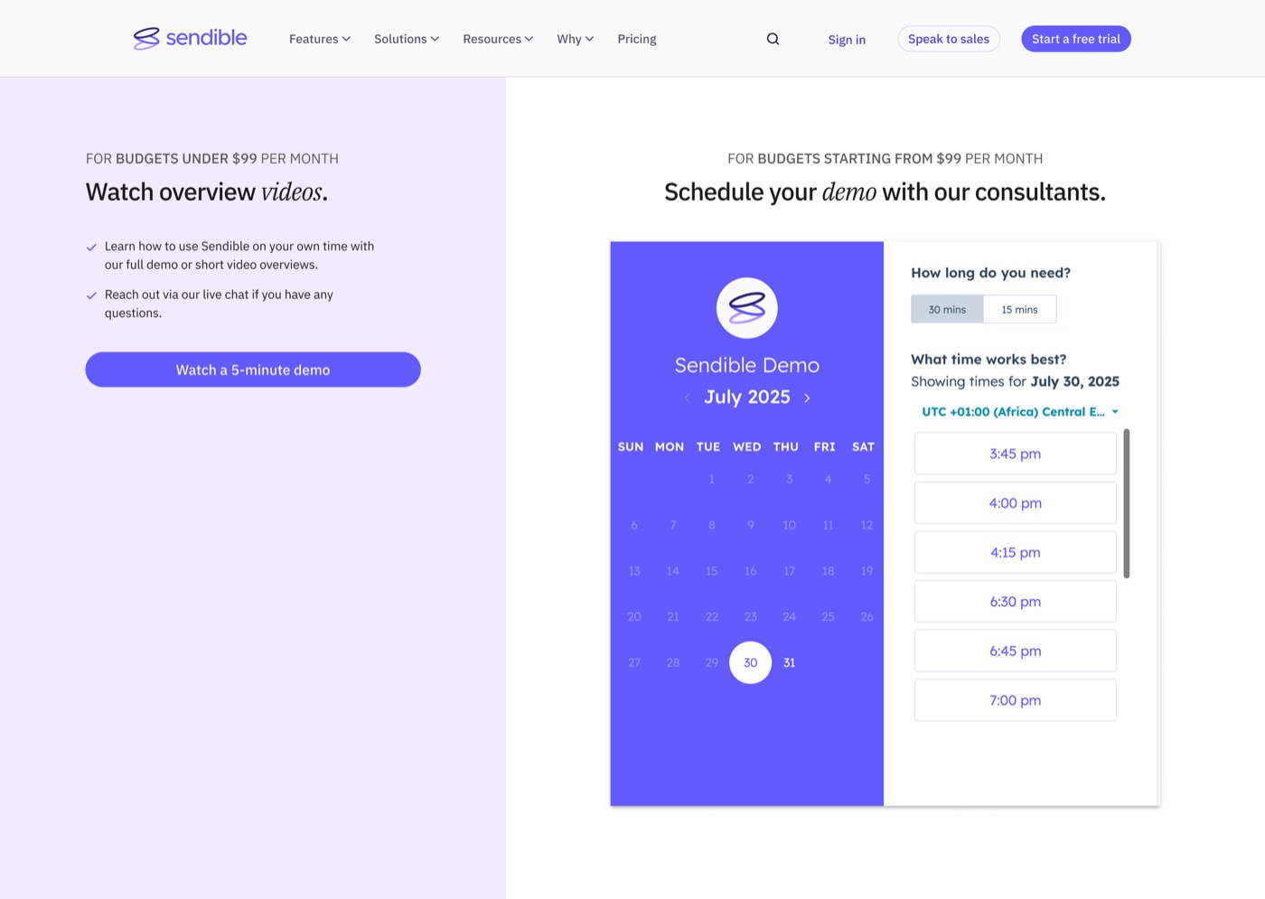 The demo page split into two budget bands, under $99 a month to overview videos on the left, from $99 a month to a consultant booking on the right.