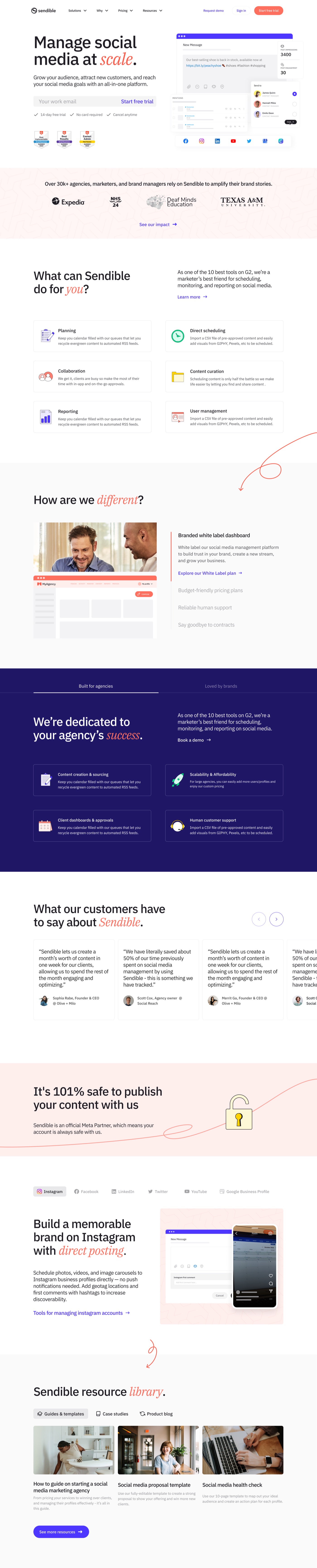 The Sendible homepage as it looked in February 2023, the first full redesign, shown top to bottom.