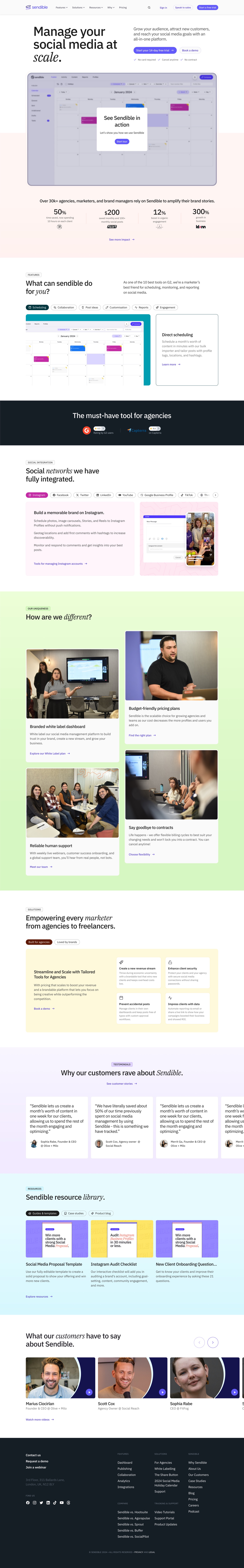 The Sendible homepage as it looked in July 2024, the rebuild that won its A/B test, shown top to bottom.