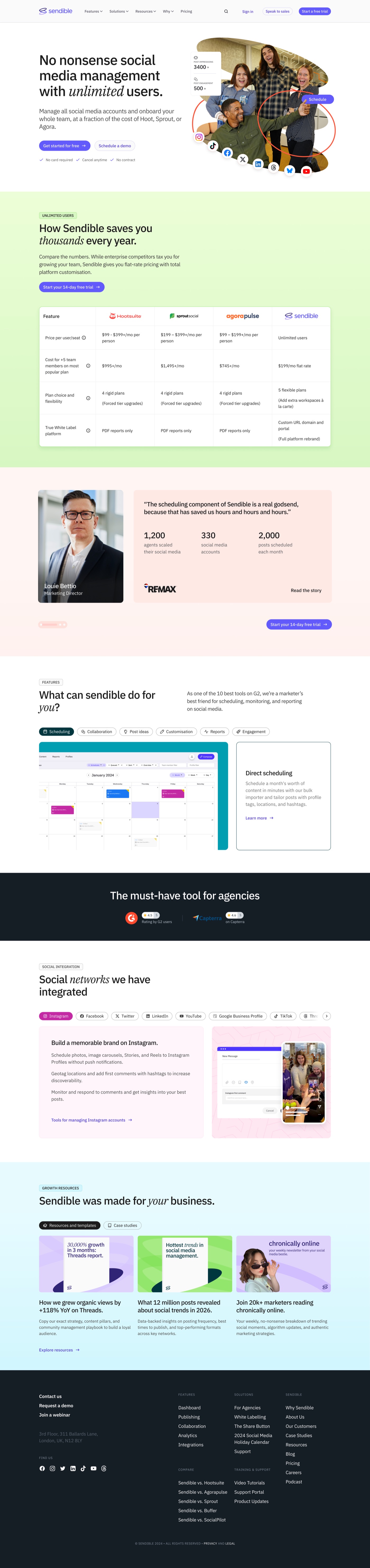 The Sendible homepage after the July 2026 restructure, the interactive demo and logo strip removed, social proof relocated above the fold, an objection-handling block added, shown top to bottom.