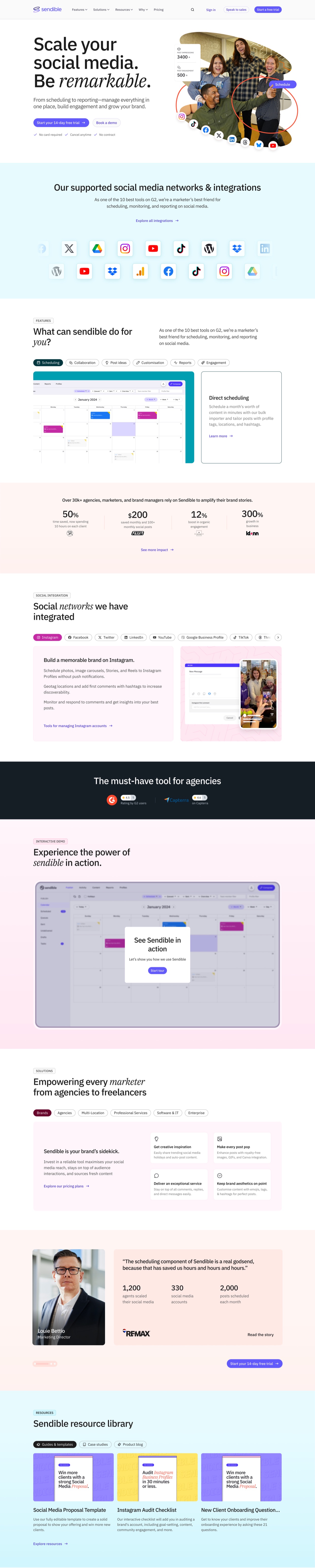 The Sendible homepage, full length, hero, supported networks, features, stats, the Instagram module, the interactive demo, solutions, the RE/MAX customer story, the resource library and the footer.