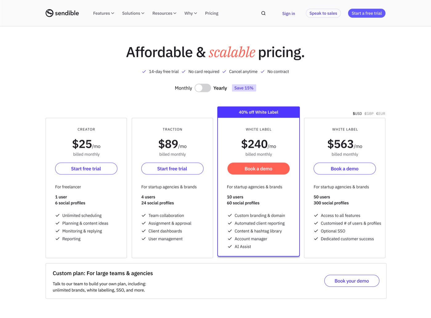 The Sendible pricing page, July 2024, the rebuild that shifted the trial mix toward the Scale tier.