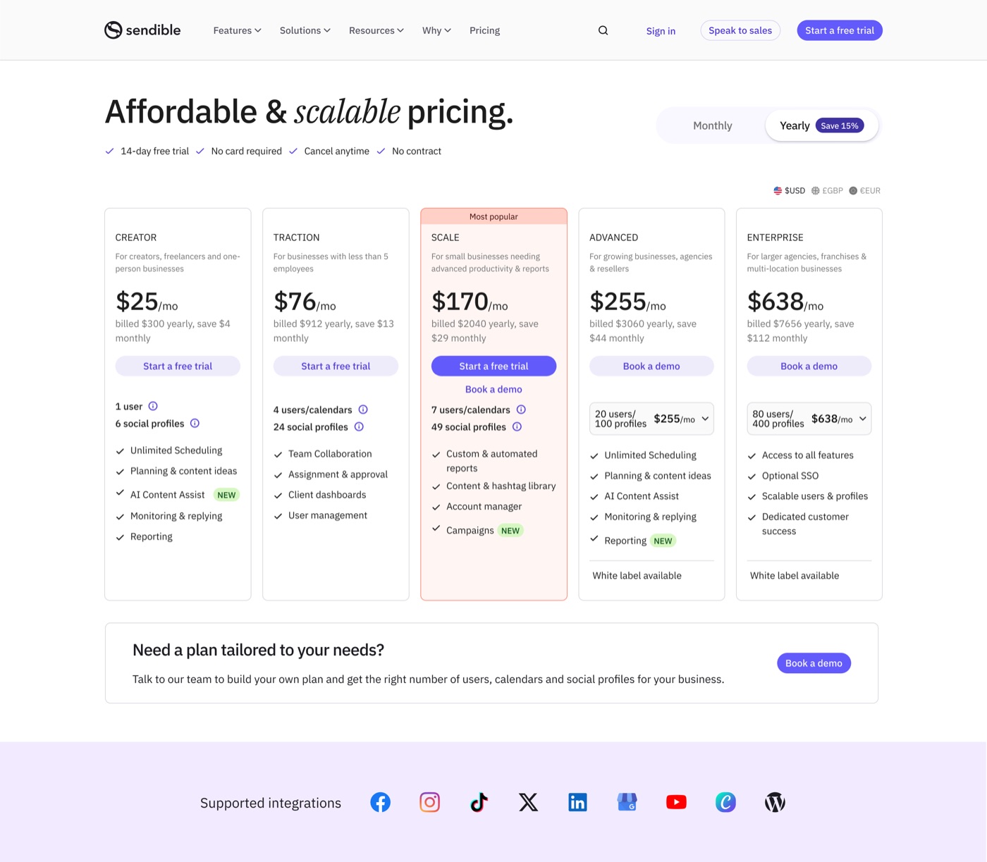 The Sendible pricing page, Q3 2025 variant, the annual saving flagged as 'Save 15%', a 'Most popular' label on the Scale plan, and higher-contrast cards.