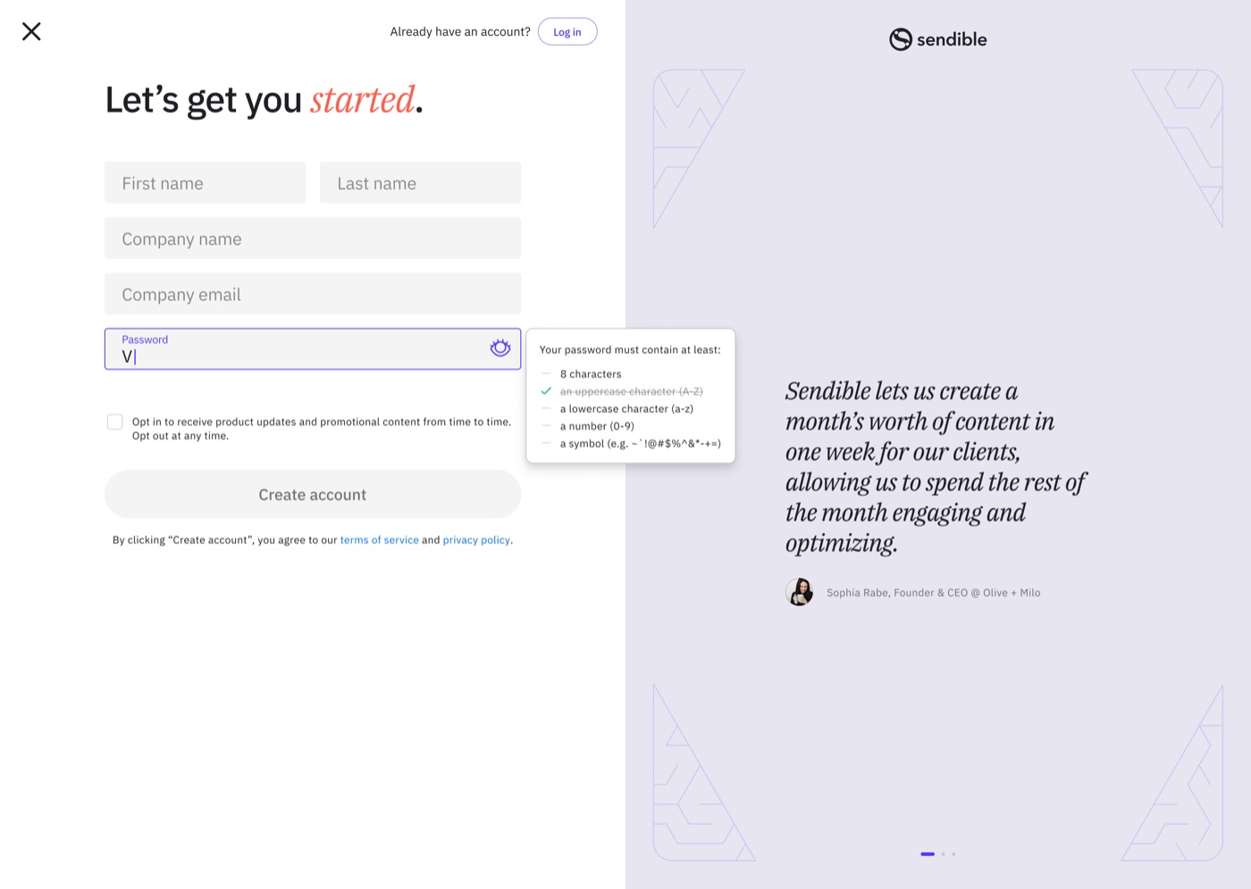 The 2024 sign-up form after the changes: first and last name collapsed onto one line, and the password requirements moved into a pop-out, making a visibly shorter form.