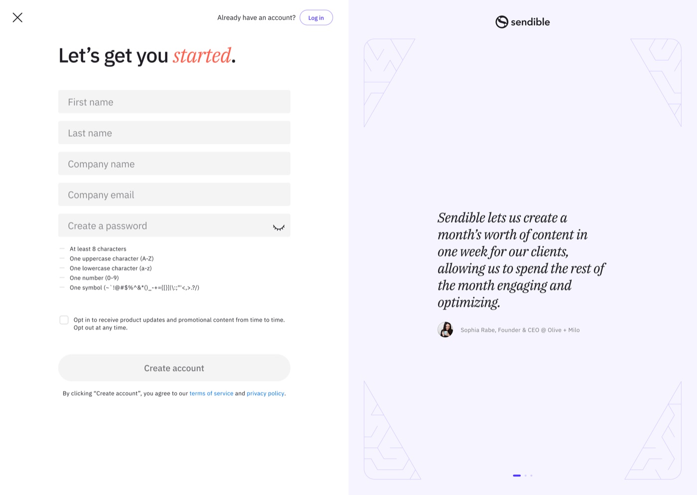 The 2024 sign-up form before the changes: first and last name on separate lines, and the password requirements listed inline below the field, making a longer form.