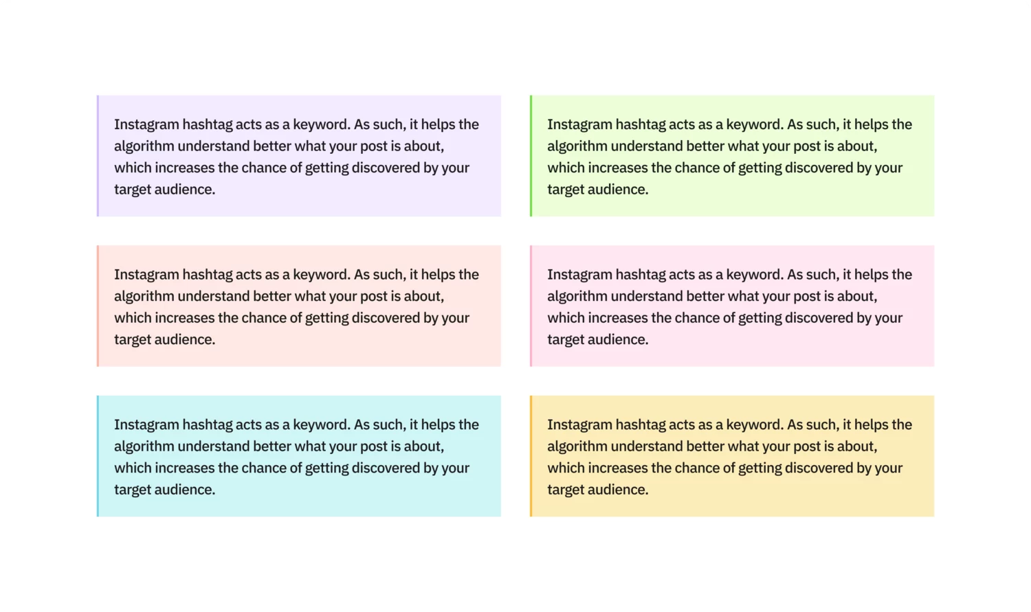 The same callout blockquote shown in six topic-cluster colours: purple, green, orange, pink, teal and yellow.