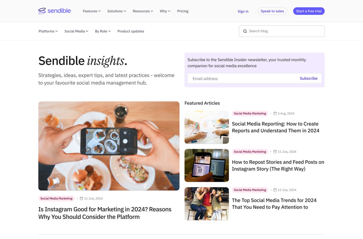 The new front page: newsletter capture in the header, a prominent lead article with tag-matched featured pieces beside it, built as an entry hall.
