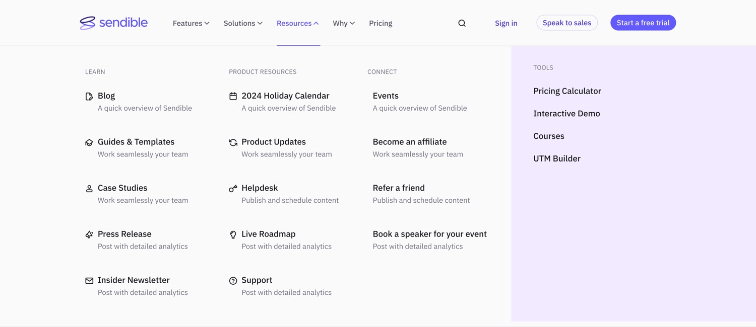 The Resources mega-menu: learn, connect and product resources.