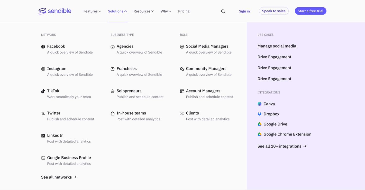 The 2024 navigation: an expanded Solutions mega-menu segmenting by business type, role, use case and network, with a contextual promotion.