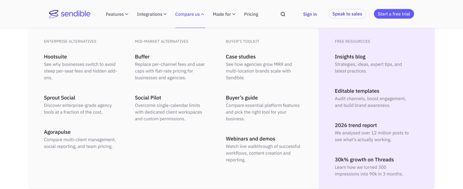 The 2026 Compare us menu: five competitors plus a buyer toolkit.