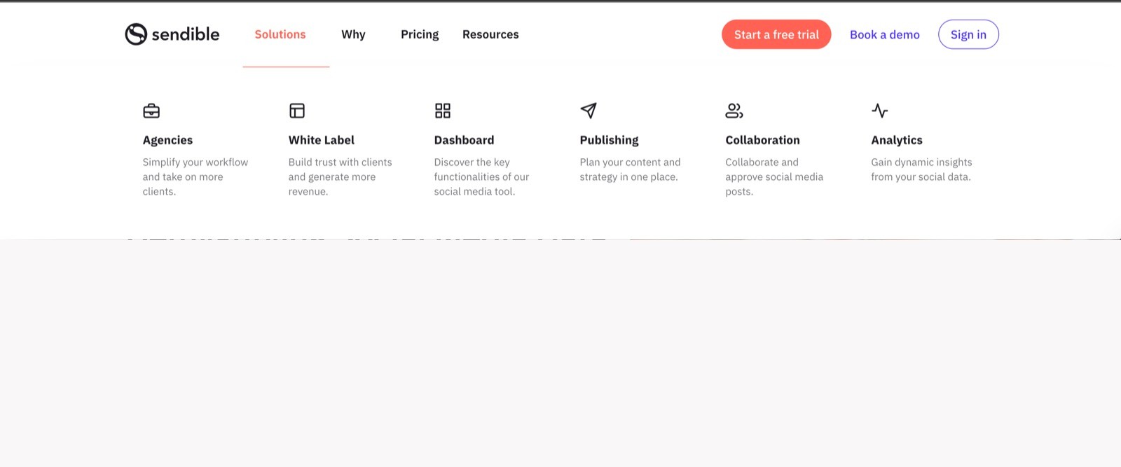 The old Sendible navigation: a plain Solutions dropdown with a short list of links.