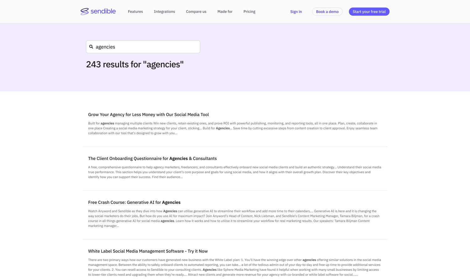 The shipped search: a single field and a ranked list of results, matched terms highlighted, breadcrumbs showing each result's source.
