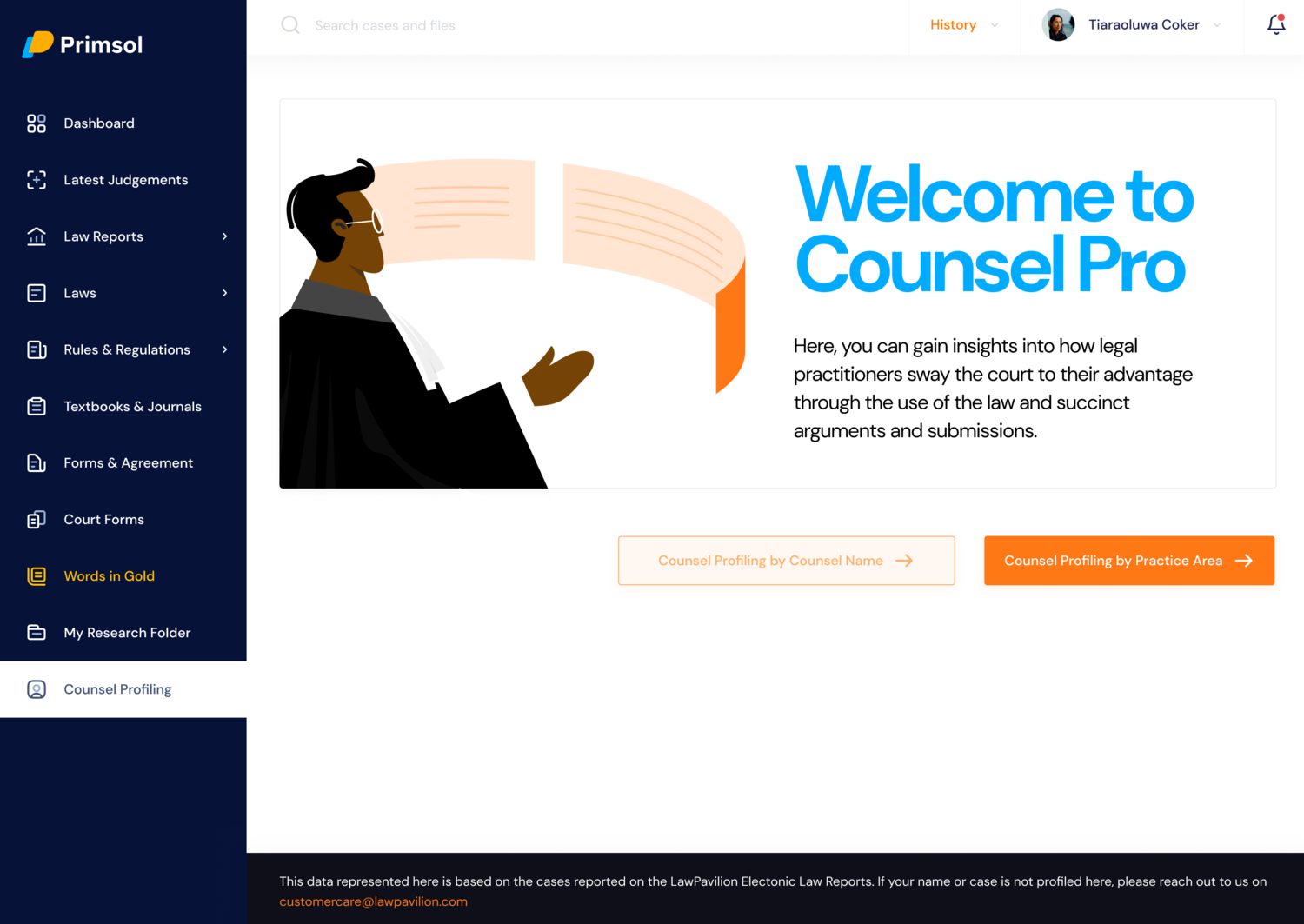 Counsel Pro profiling how practitioners argue, searchable by counsel name or by practice area, with a line stating its coverage.