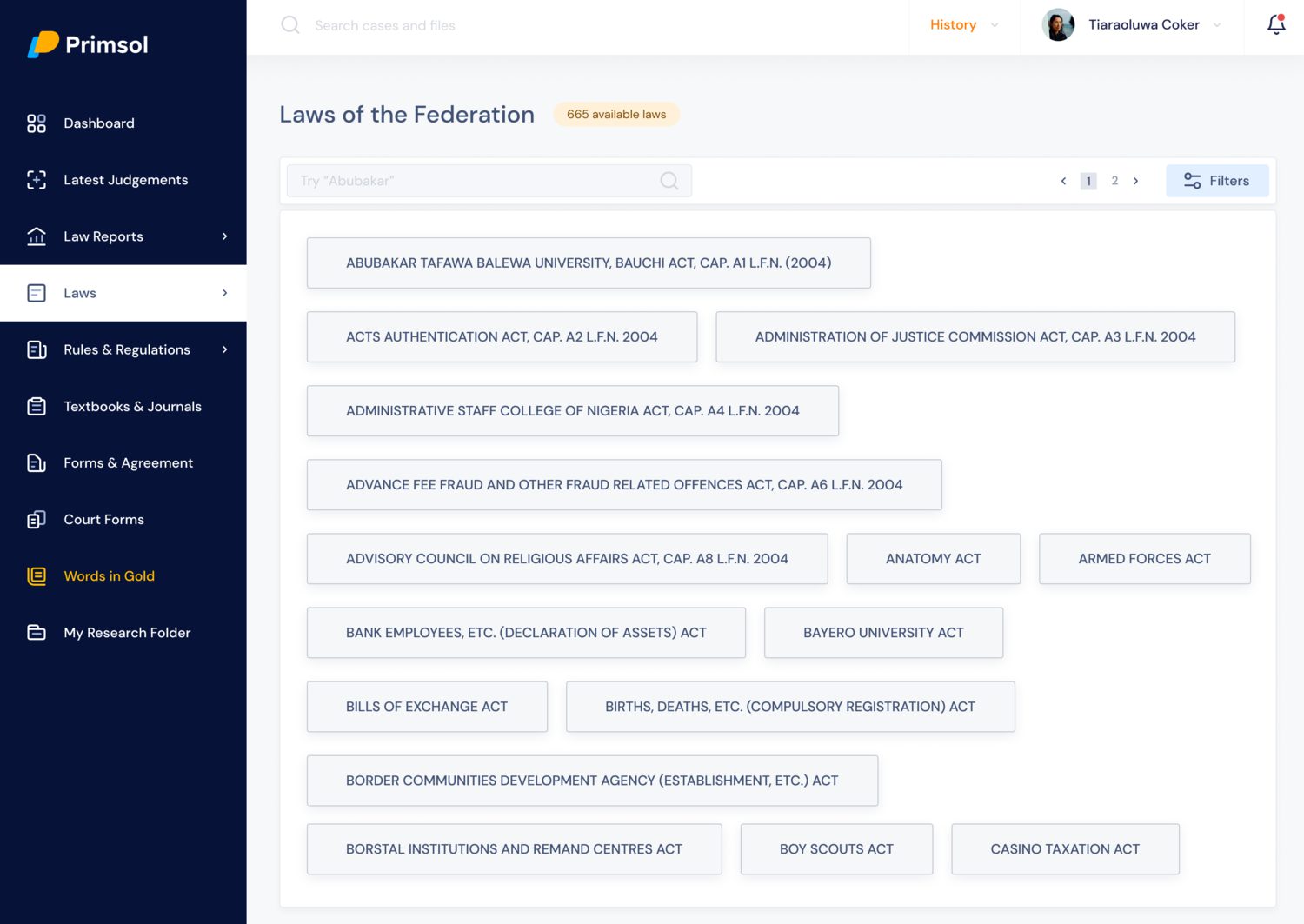 The law reports library: judgments browsable and filterable across courts.