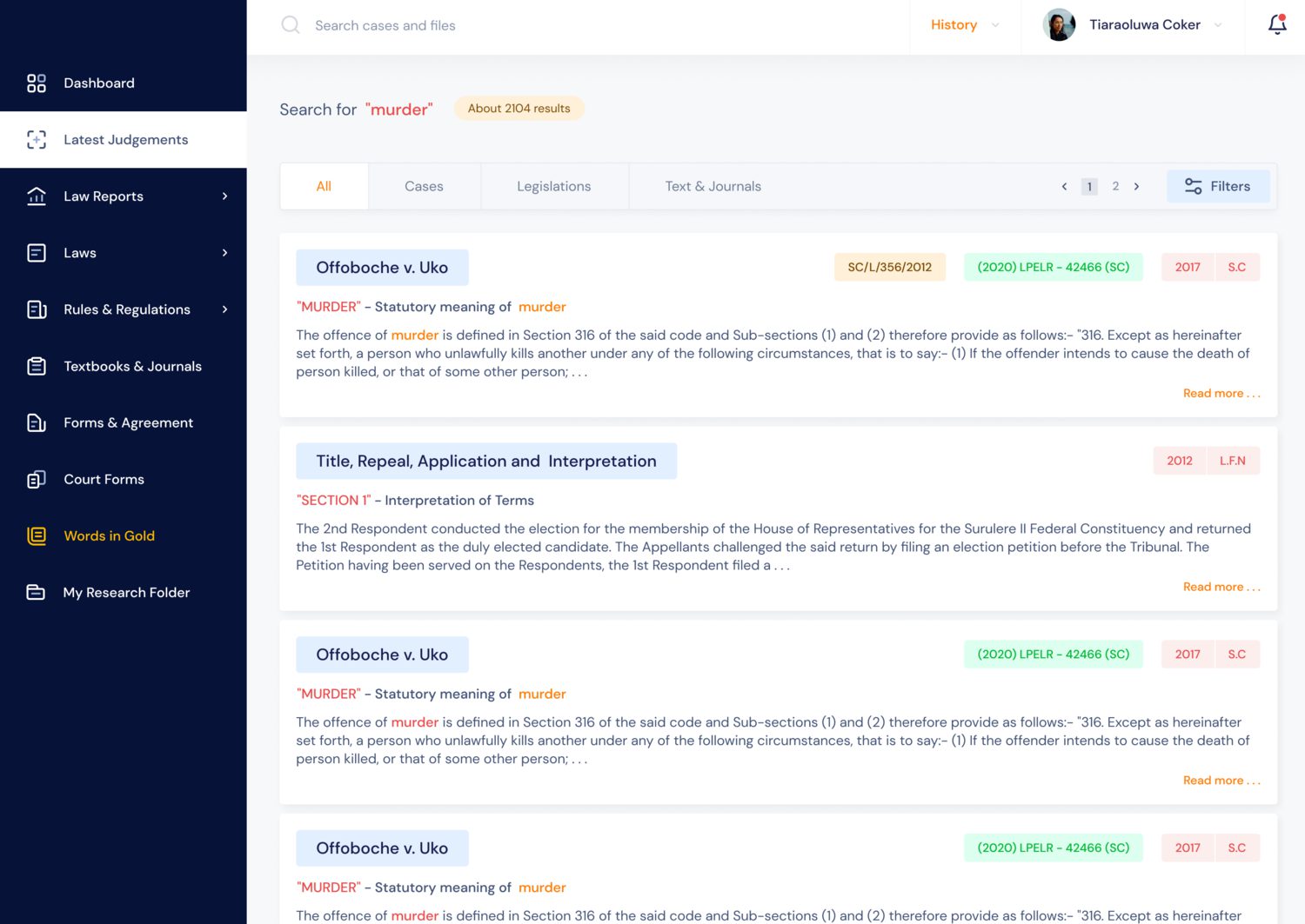 Search results across cases, legislations and journals, filterable by subject, principle and issue, and usable without a subscription.