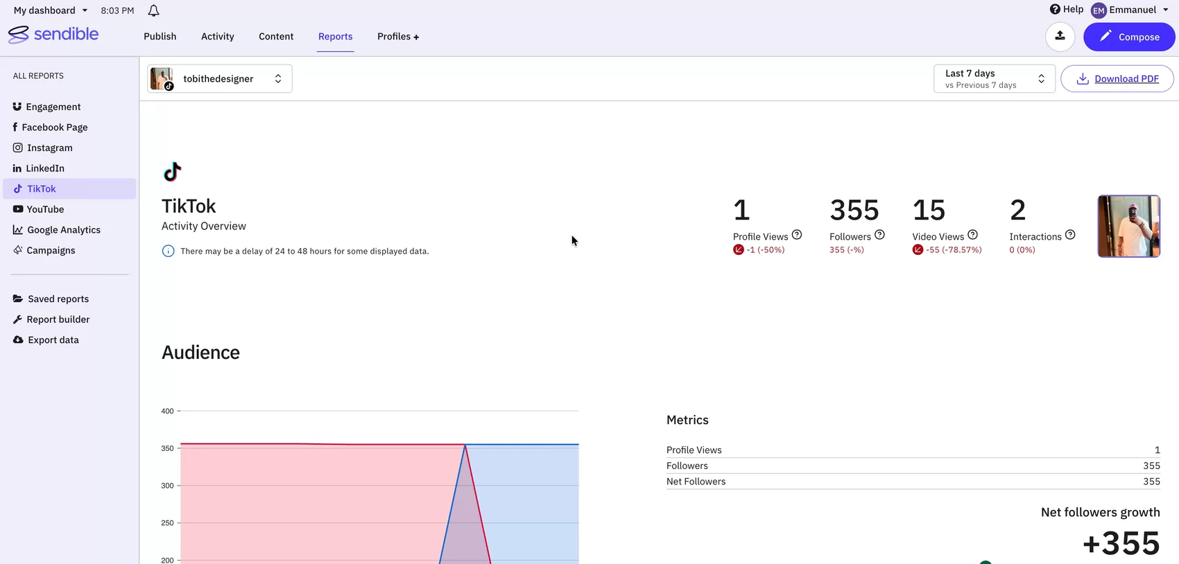 A fixed TikTok activity report with set modules that cannot be changed.