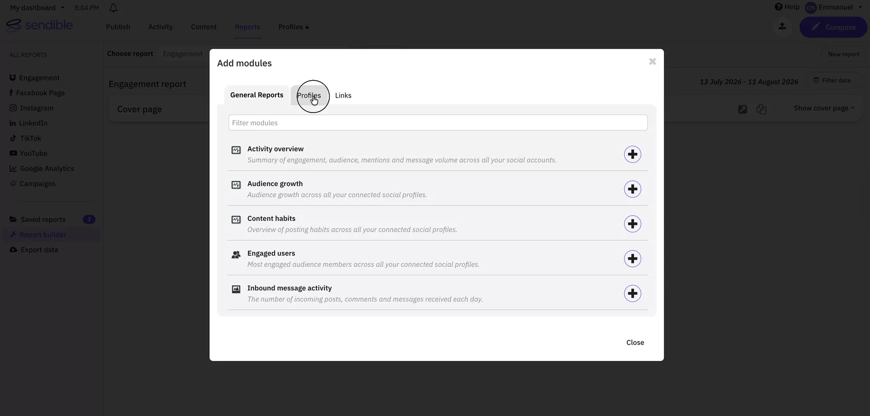 An Add modules modal listing report modules to add one at a time.