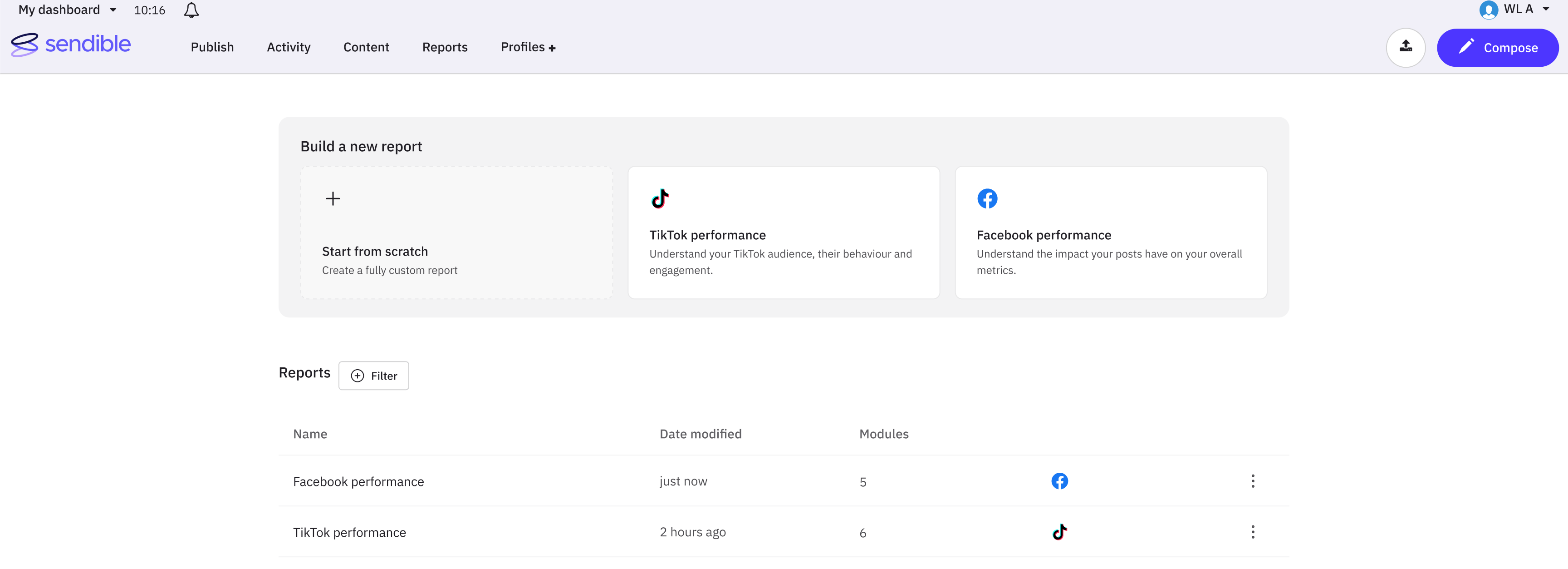 The Sendible reports dashboard scoped to two networks: a Build a new report row with TikTok and Facebook templates plus Start from scratch, above a reports list of two reports (Facebook performance, TikTok performance).