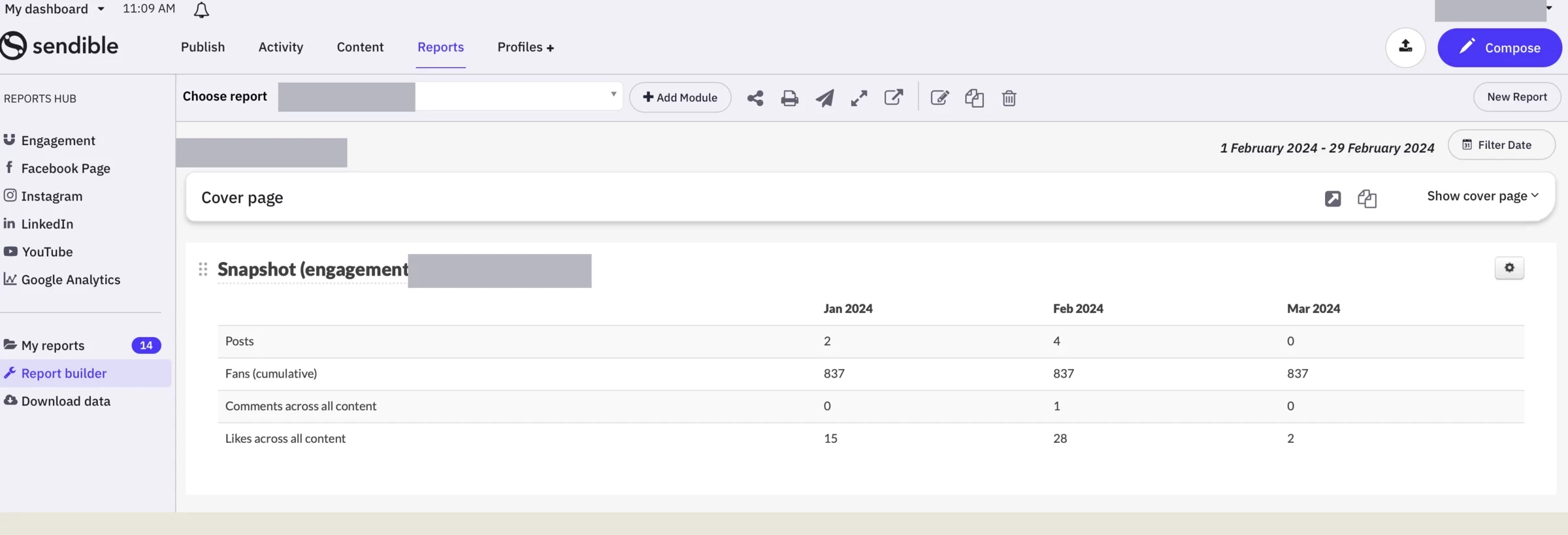 A customer's report filtered to 1–29 February logging only four Facebook posts for the month, when there had been many more.